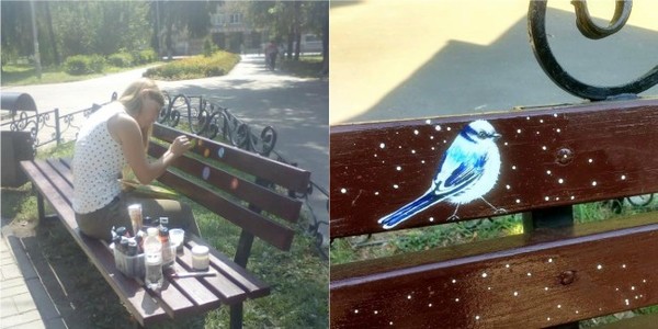 Художниця додала казкових пташок на лавах у ще одному парку Києва