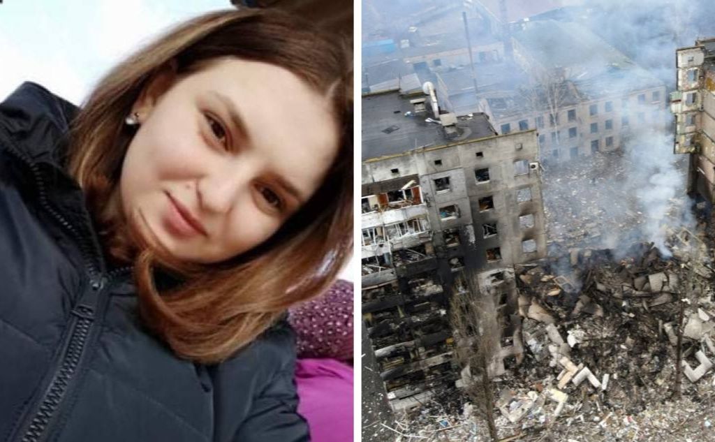 Марʼяна та зруйновані будинки в Маріуполі. Колаж: Даша Гришина