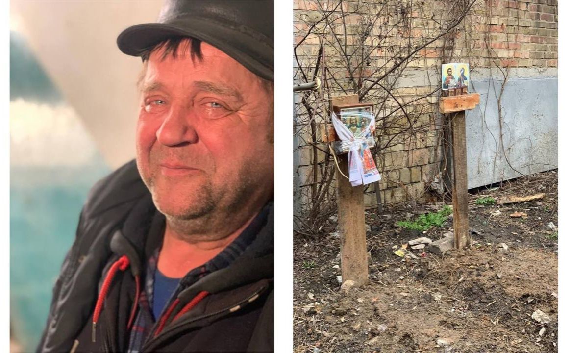 Мешканець Бучі — Микола та могили його друзів у дворі. Фото: Олексій Пшемінський