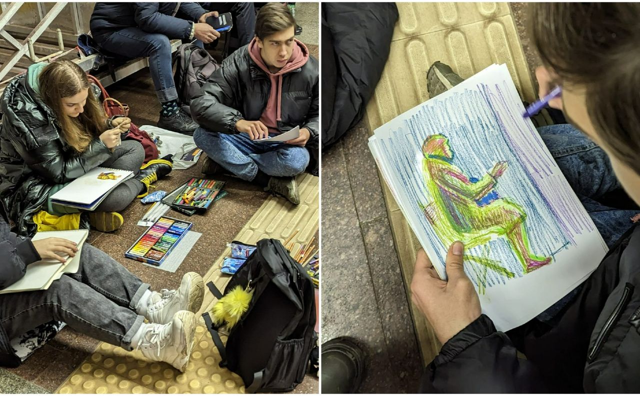 Студенти проводять пару у метро Києва під час повітряної тривоги, 10 лютого, 2023 рік. Колаж: Юлія Сергеєва