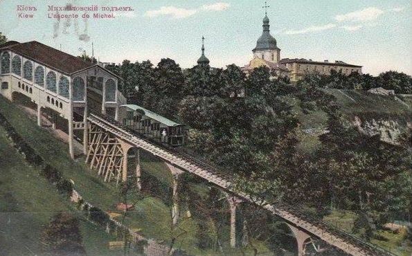 Київський фунікулер та Трьохсвятительська церква на листівці початку ХХ століття. Фото з відкритих джерел