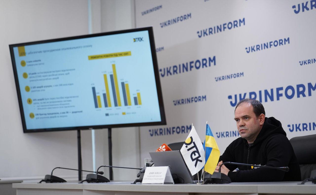 Генеральний директор ДТЕК Київські електромережі Денис Бондар на брифінгу щодо підсумків роботи компанії за воєнний рік. Фото: ДТЕК Київські електромережі