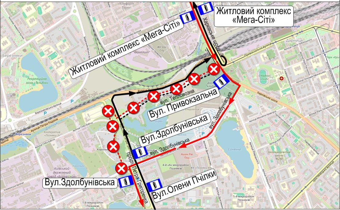 Схема руху автобусів по вулиці Тепловозній. Графіка: КП «Київпастранс»