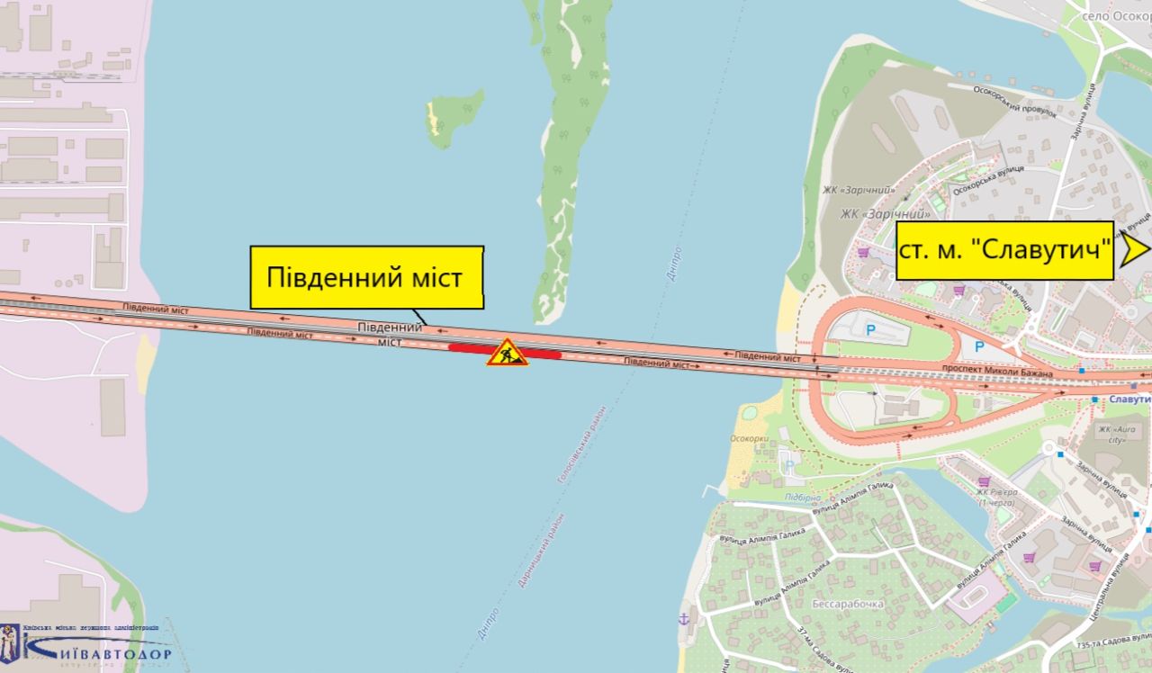 Схема руху з обмеженнями Південним мостом. Графіка: КК «Київавтодор»