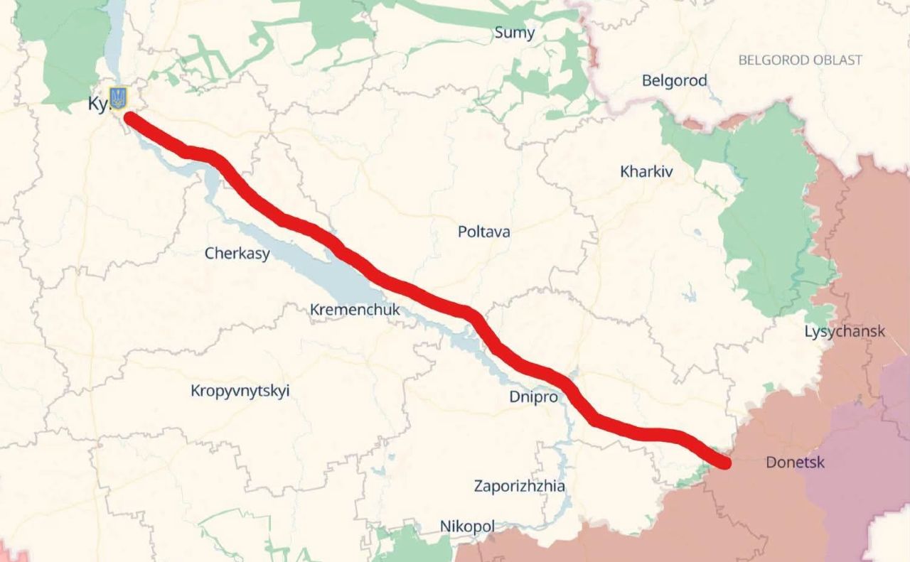 Маршрут, за яким летів БПЛА з Донецька до Києва. Фото: Флеш, фейсбук