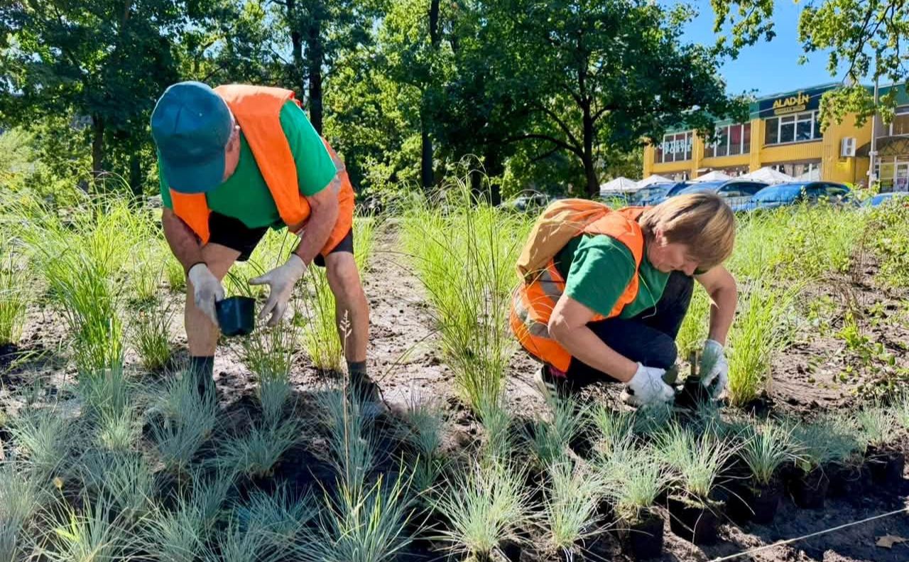 Озеленювачі Святошина працюють у сквері. Фото: КП УЗН Святошинського району