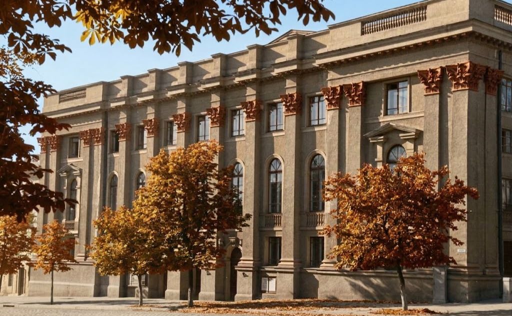 Будівля Національного академічного драматичного театру імені Лесі Українки на світлині другої половини ХХ століття, обробка: ШІ. Фото з відкритих джерел